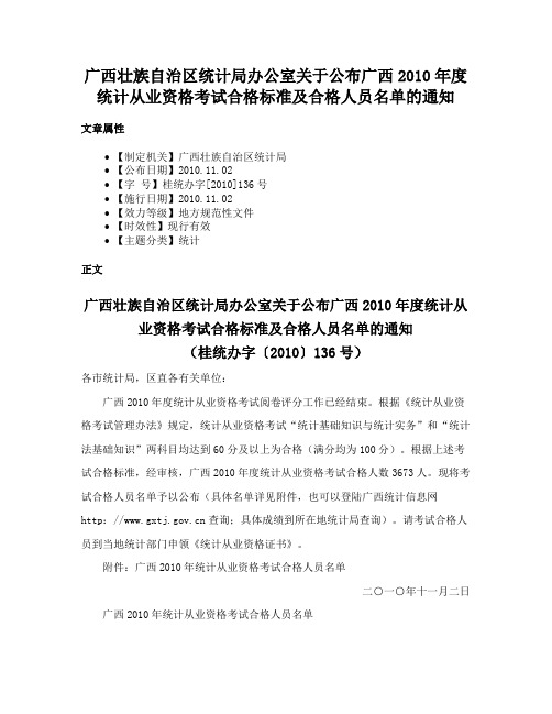 广西壮族自治区统计局办公室关于公布广西2010年度统计从业资格考试合格标准及合格人员名单的通知