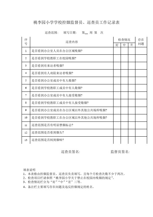 桃李园小学学校控烟监督员巡查员工作记录表