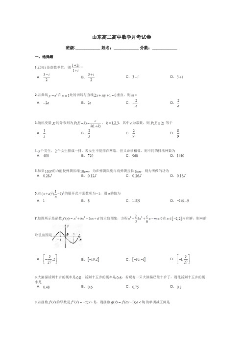 山东高二高中数学月考试卷带答案解析
