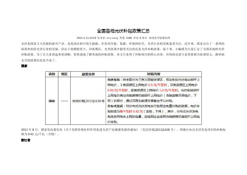 2015年最新全国各地光伏补贴政策汇总(截止20150511)