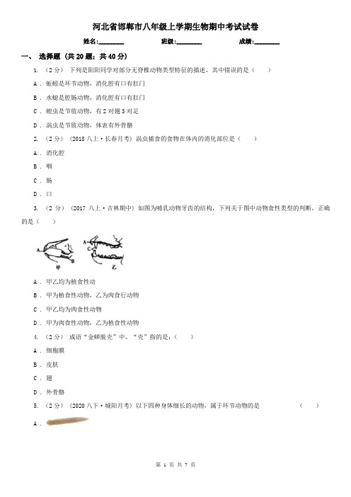 河北省邯郸市八年级上学期生物期中考试试卷