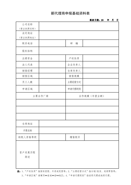 新代理商申报基础资料表