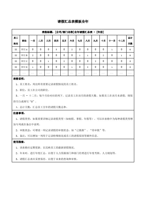 请假汇总表模板全年