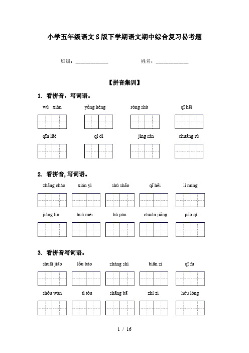 小学五年级语文S版下学期语文期中综合复习易考题