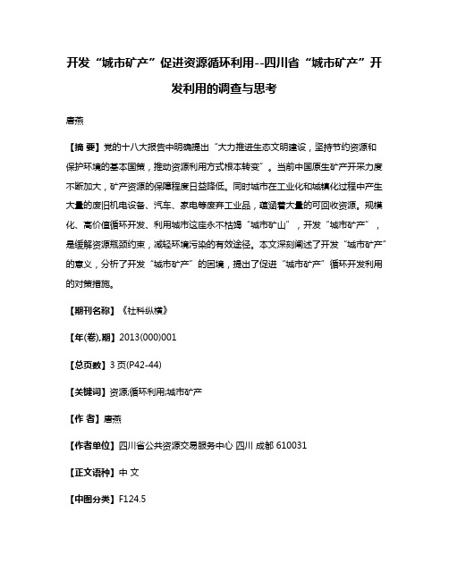 开发“城市矿产”促进资源循环利用--四川省“城市矿产”开发利用的调查与思考