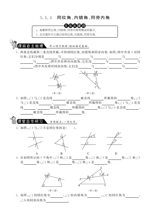 人教版初一数学下册《三线八角》练习及答案