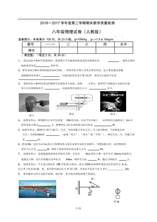 2016～2017学年度第二学期期末教学质量检测(含答案)