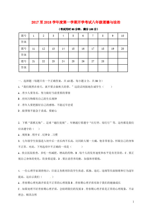 广东省东莞市中堂镇八年级政治开学考试试题 新人教版