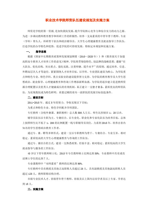 职业技术学院师资队伍建设规划及实施方案