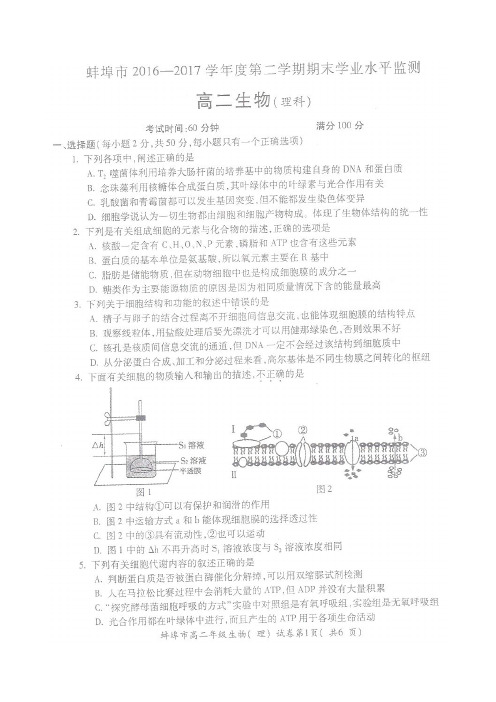 安徽省蚌埠市2016-2017学年高二生物下学期期末考试试题(扫描版)