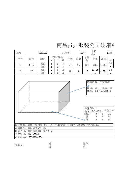 服装产品装箱单