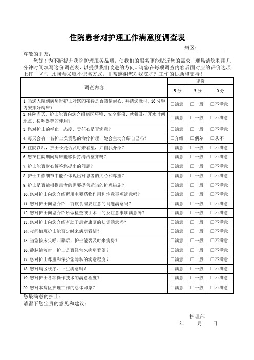 住院患者对护理工作满意度调查表