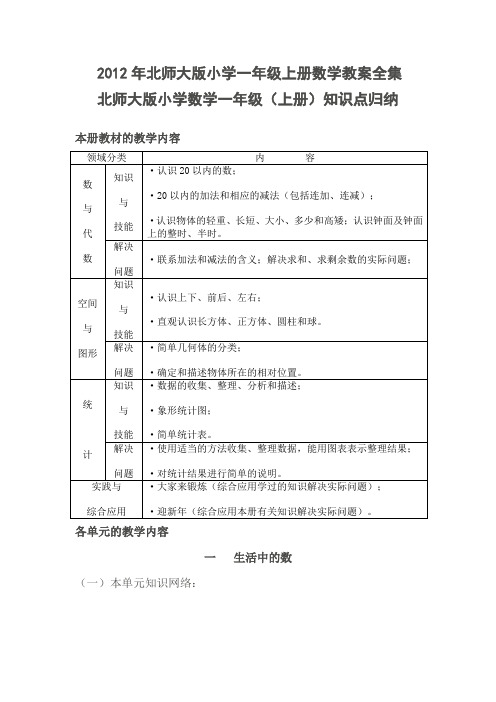 2012年北师大版小学一年级上册数学教案全集