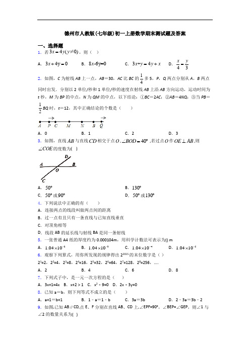 德州市人教版(七年级)初一上册数学期末测试题及答案