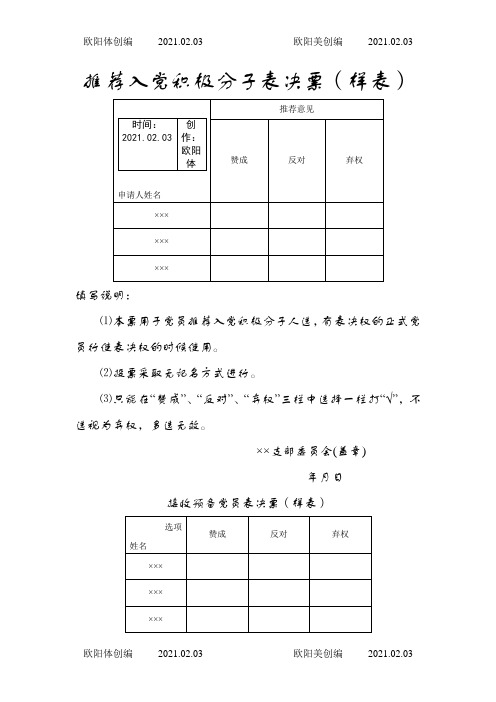 各种表决票(样表)之欧阳体创编