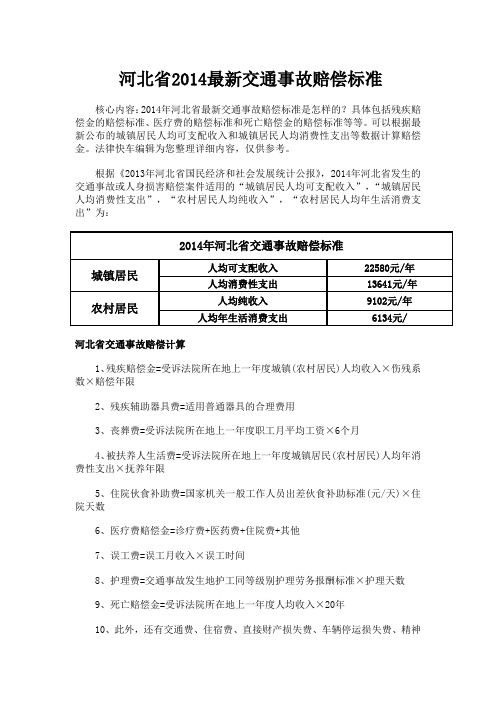 河北省2014年最新交通事故赔偿标准