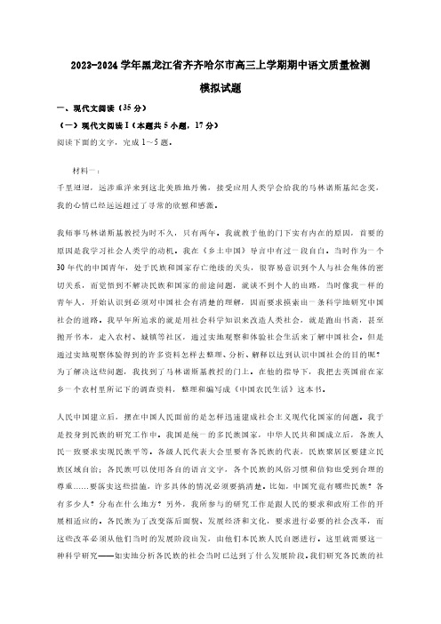 2023-2024学年黑龙江省齐齐哈尔市高三上学期期中语文学情检测模拟试卷(含答案)