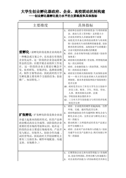 创业孵化器孵化能力水平的主要维度和具体指标