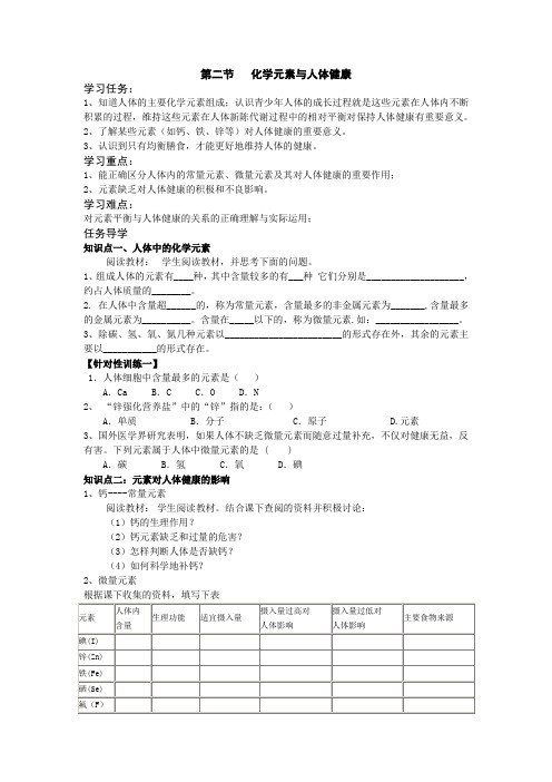鲁教版九年级下册化学 10.2化学元素和人体健康 学案(无答案)