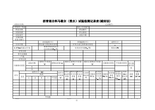 沥青混合料马歇尔(浸水)试验检测记录表(蜡封法)