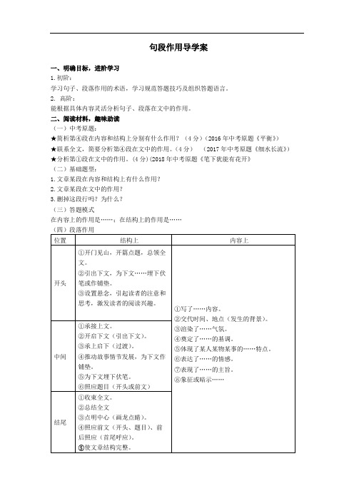 九年级语文学科“句段作用”考点攻破导学案