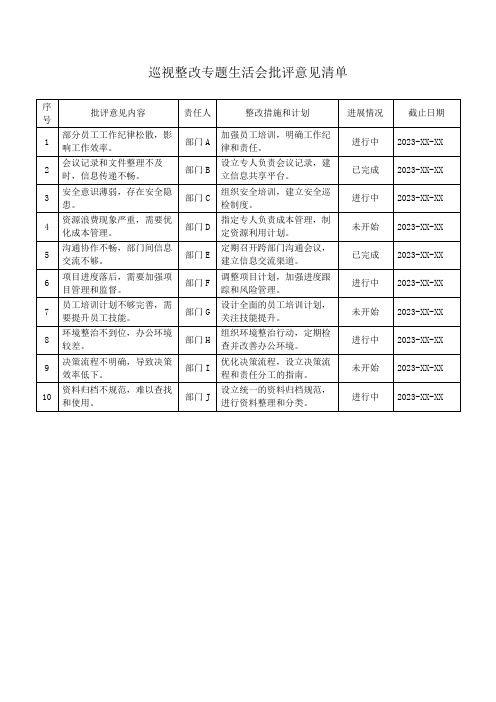 巡视整改专题生活会批评意见清单