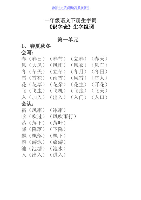 部编本人教版小学一年级语文下册生字词《识字表》生字组词Word版 (2)