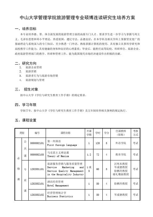 中山大学管理学院旅游管理专业硕博连读探究生培养计划资料