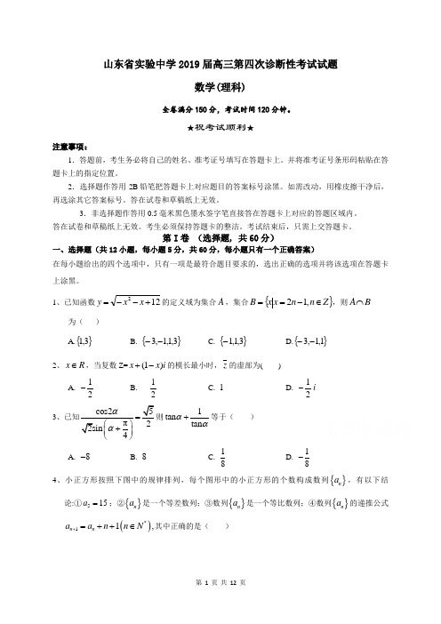 山东省实验中学2019届高三第四次诊断性考试试题数学(理)试题含答案