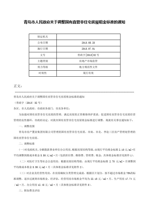 青岛市人民政府关于调整国有直管非住宅房屋租金标准的通知-青政字[2013]32号