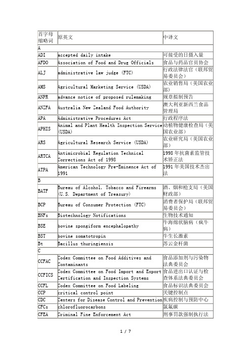 食品相关英文缩写
