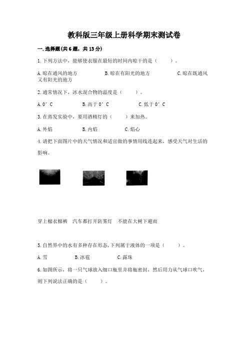 教科版三年级上册科学期末测试卷附参考答案(满分必刷)