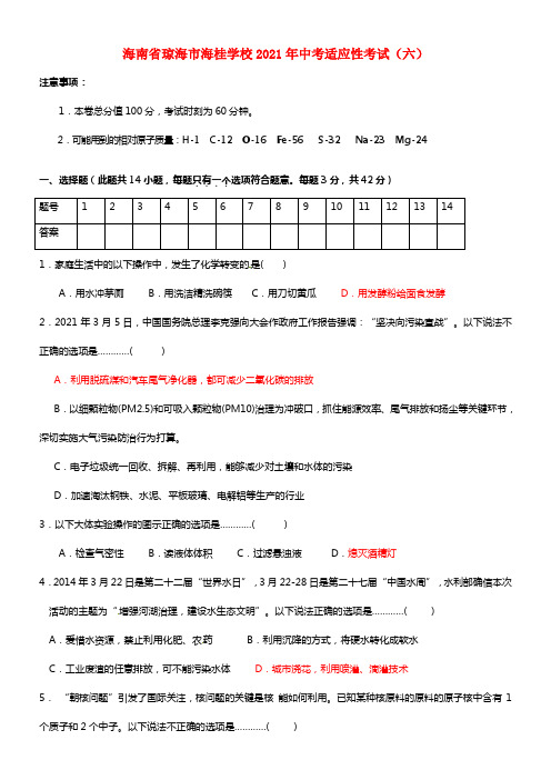 海南省琼海市海桂学校2021年中考适应性考试（六）(1)