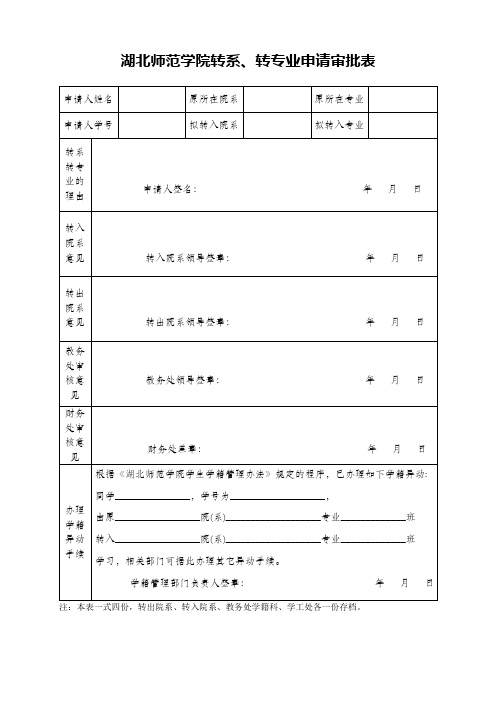 湖北师范学院转系、转专业申请审批表