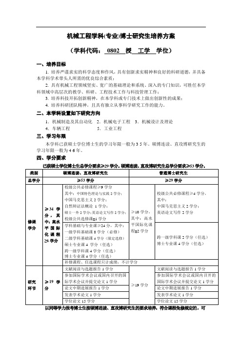 机械工程学科(专业)博士研究生培养方案