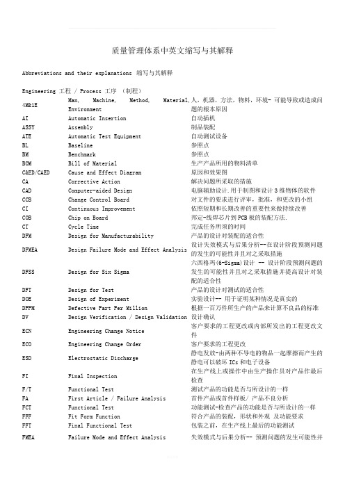 质量体系中英文缩写与含义