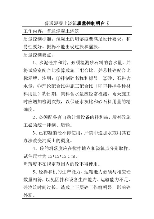 普通混凝土浇筑质量控制明白卡