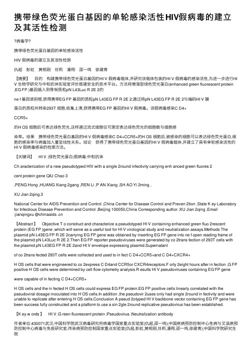 携带绿色荧光蛋白基因的单轮感染活性HIV假病毒的建立及其活性检测