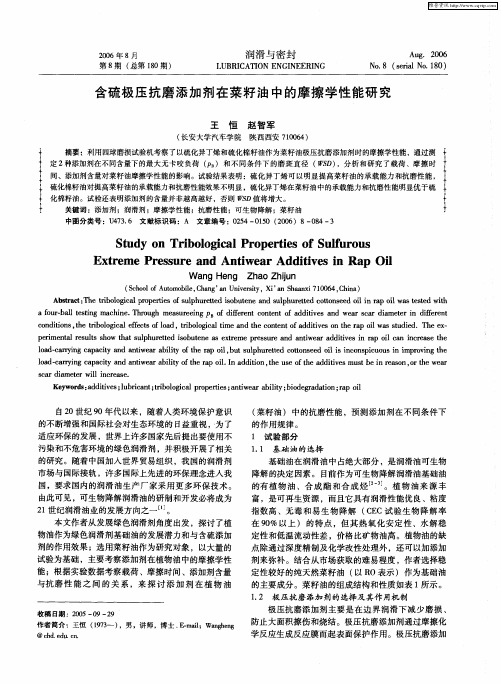 含硫极压抗磨添加剂在菜籽油中的摩擦学性能研究