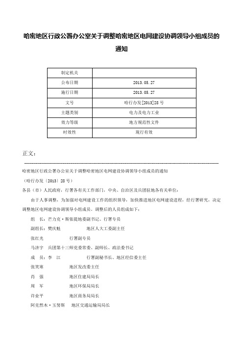 哈密地区行政公署办公室关于调整哈密地区电网建设协调领导小组成员的通知-哈行办发[2013]28号