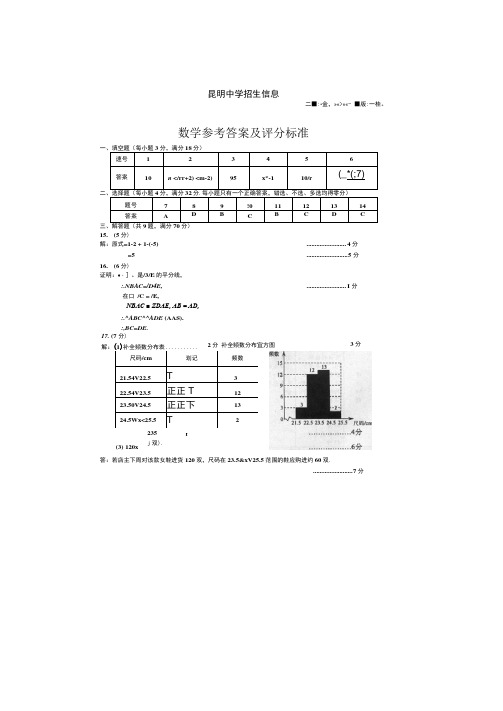 云南省昆明市2020年中考数学答案