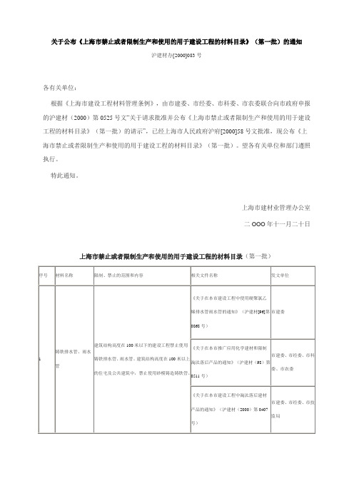 [2000]083号沪建材办《上海市禁止或者限制生产和使用的用于建设工程的材料目录》(第一批)