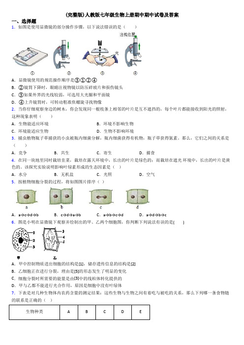 (完整版)人教版七年级生物上册期中期中试卷及答案