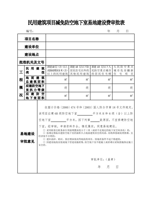 民用建筑项目减免防空地下室易地建设费审批表