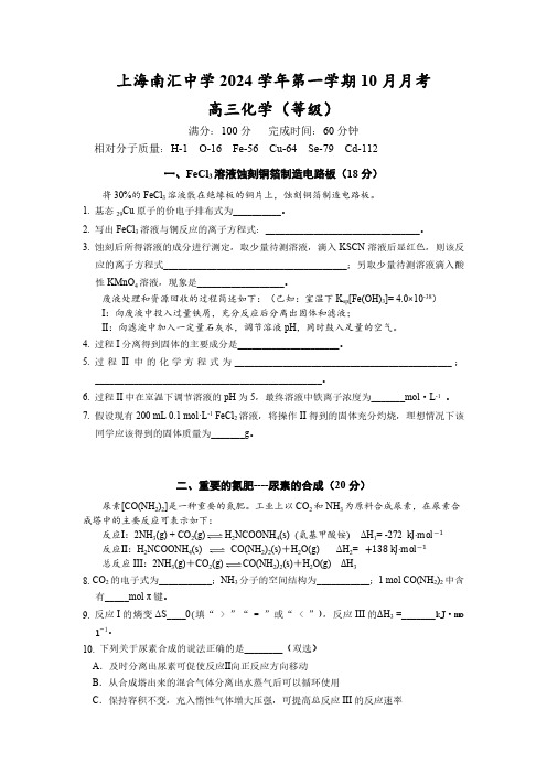 上海南汇中学2024-2025学年高三上学期10月月考化学试卷(等级)(含答案)