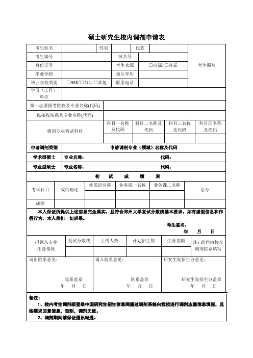 硕士研究生校内调剂申请表