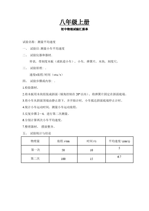 2021年人教版初中物理实验报告单