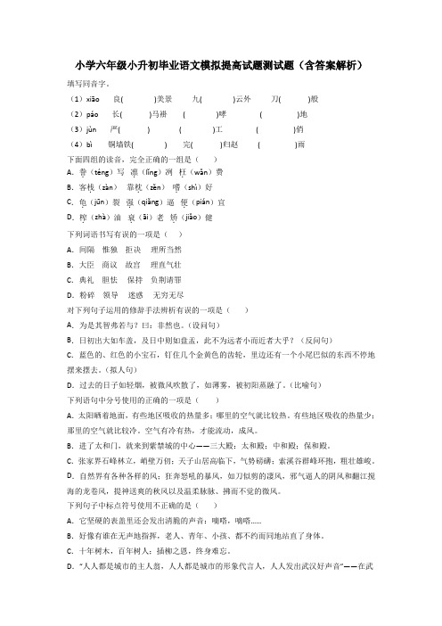 小学六年级小升初毕业语文模拟提高试题测试题(含答案解析)