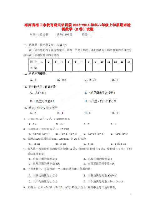 海南省海口市教育研究培训院八年级数学上学期期末检测试题(B卷)