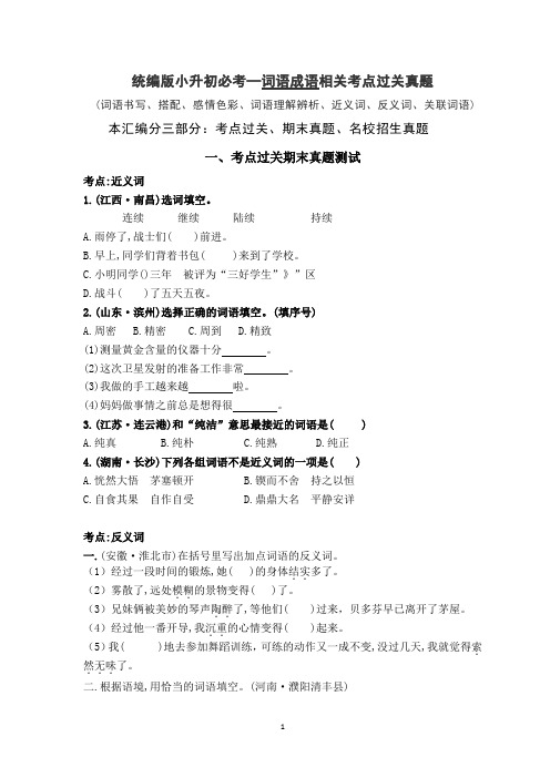 部编版语文六年级下册  小升初必考——词语相关真题 (含答案)